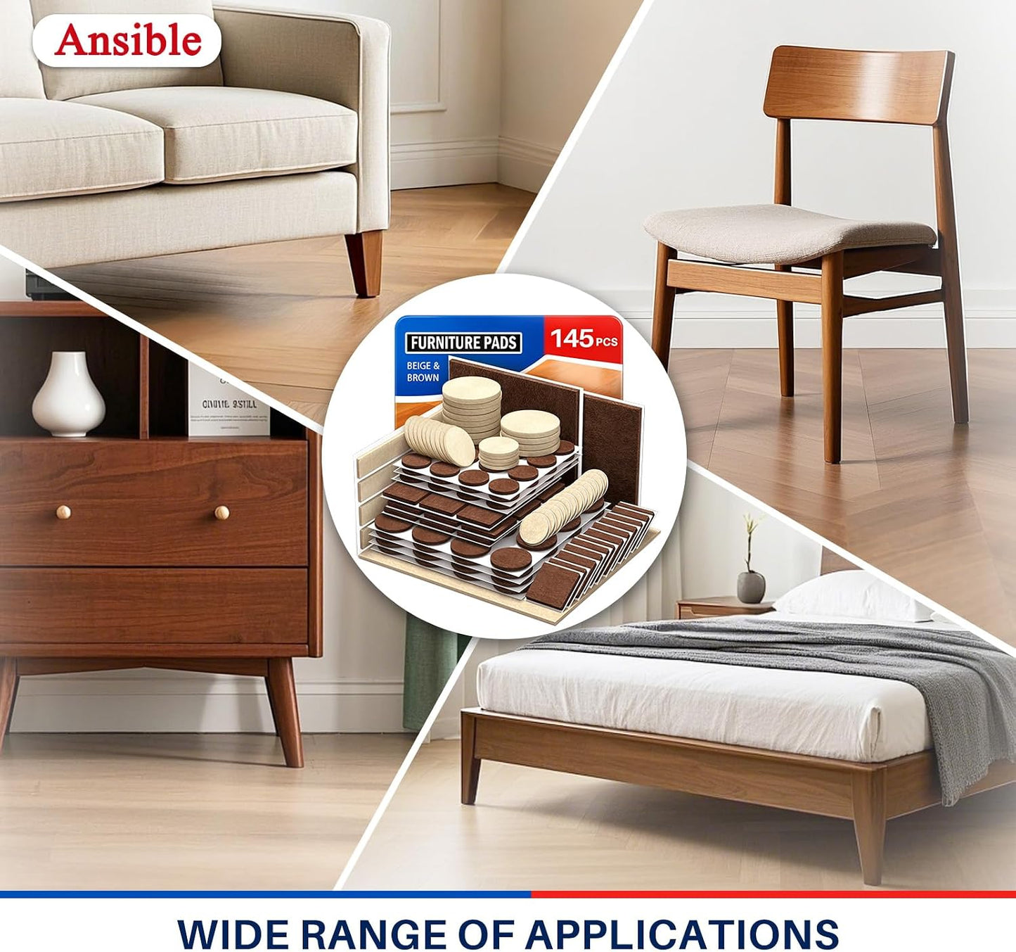 Ansible Felt Furniture Pads Chair Leg Floor Protectors 1" 60PCS | Felt Pads for Hardwood Floors,Self-Adhesive, Reduce Noise and Anti-Scratches,Easy to Install,Beige,Round