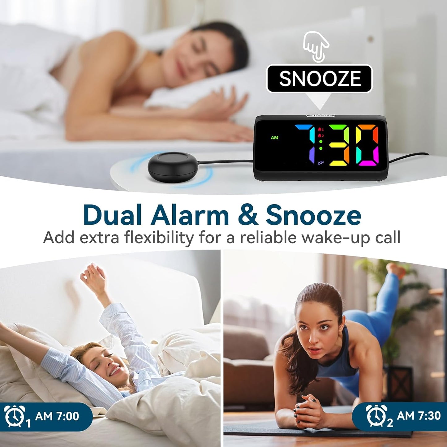 Netzu Loud Alarm Clock for Heavy Sleepers, Plug-in RGB Vibrating Alarm Clocks with Bed Shaker, 5 Dimmers, 2 Alarms and Snooze for Bedrooms Hearing Impaired Deaf Adults (Black)