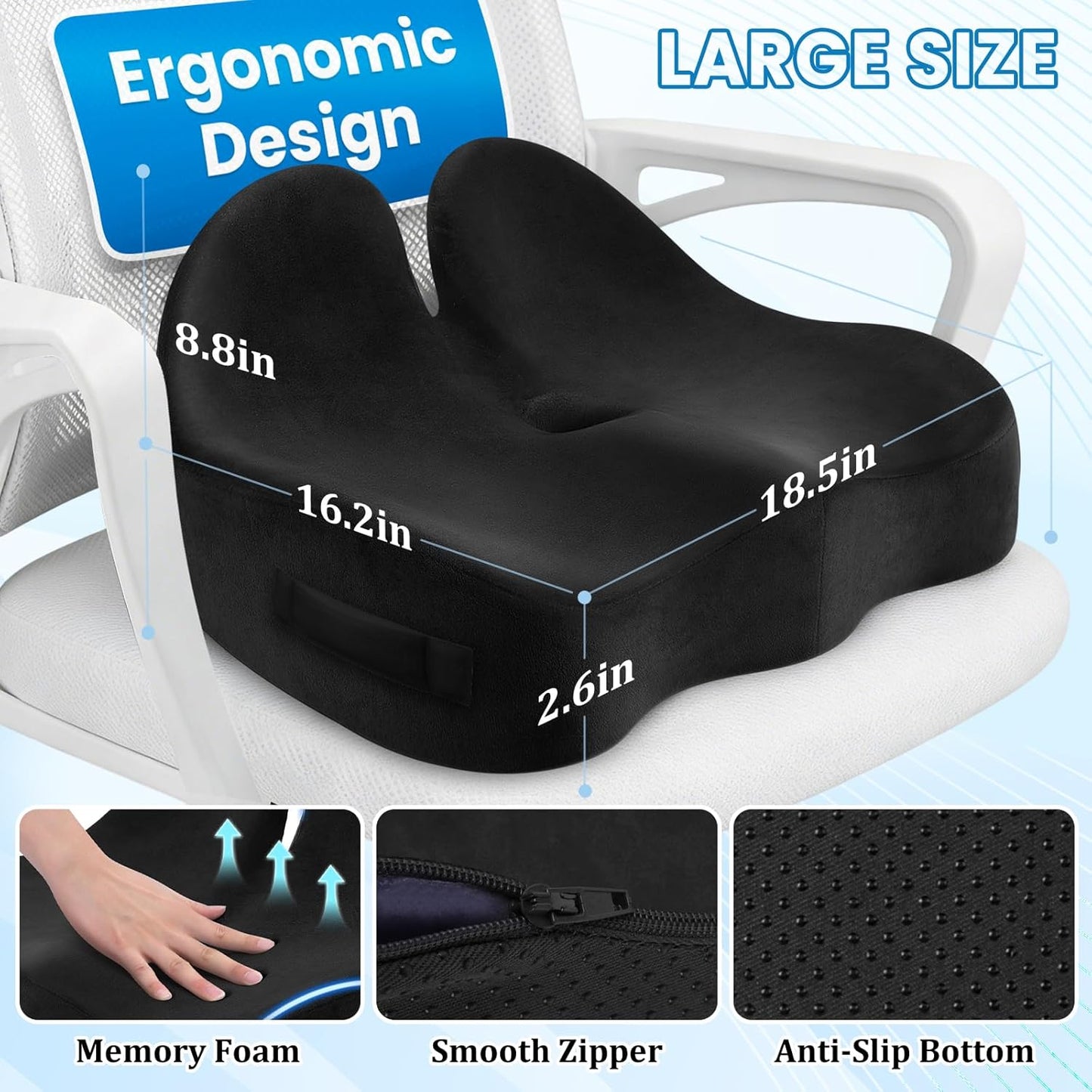 CushZone Ergonomic Seat Cushion, Sciatica Support for Office Chair, Black | Large Size for Sciatica & Hip & Tailbone Pain Relief, Memory Foam Office Chair Cushion for Car, Long Trip, Desk Chair, Lab