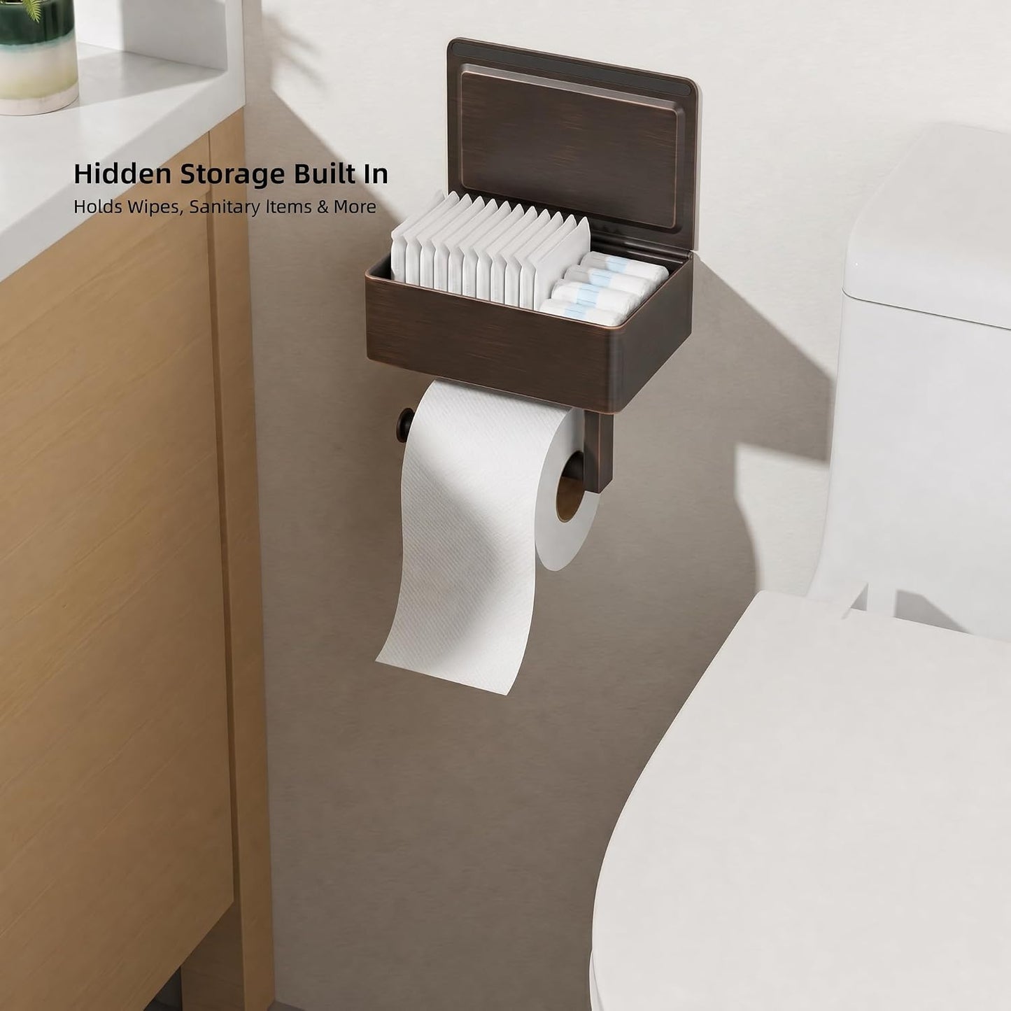 FORIOUS Toilet Paper Holder with Shelf, Wall-Mounted Modern Wipes Dispenser | Brushed Nickel | Toilet Paper Holder with Storage for Bathroom | Fits Wipes, Sanitary Napkin, Tampon | 8.0"x5.3" Large Shelf