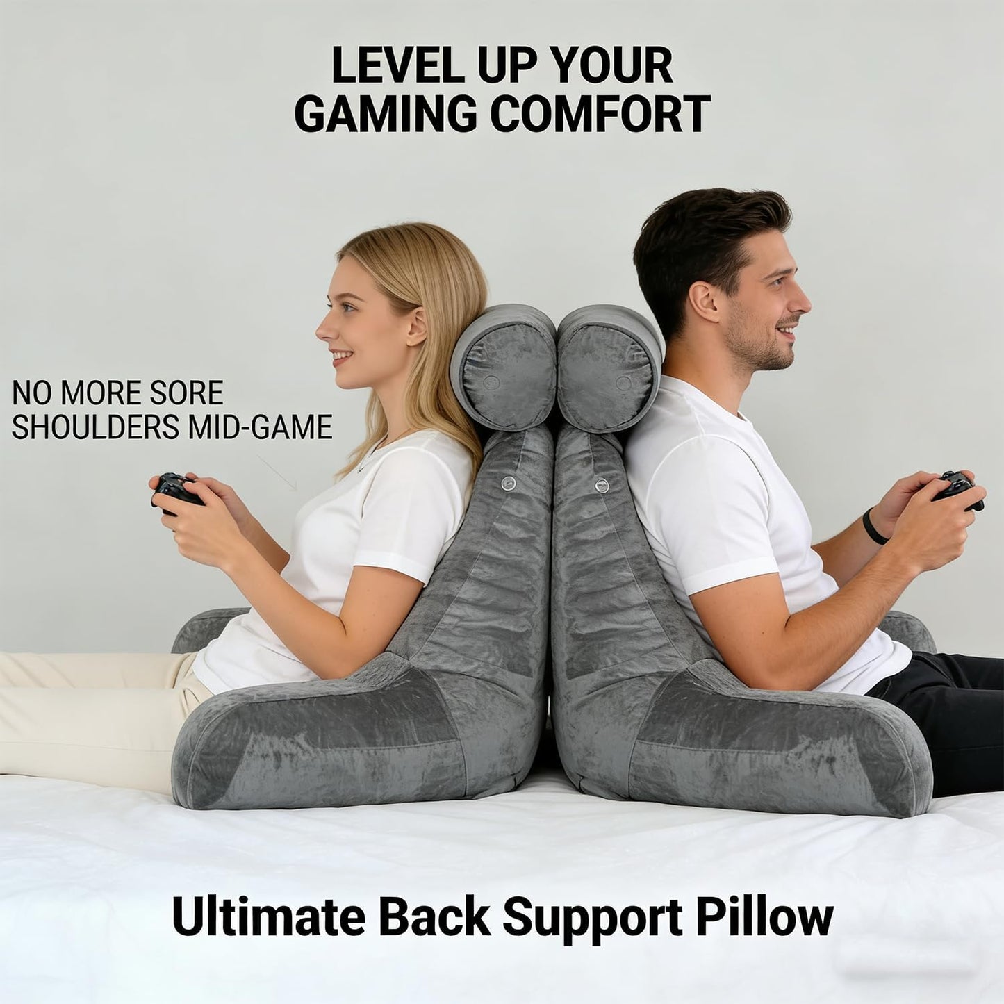 Reading Pillow for Adults Sitting‑Up in Bed, Backrest with Arms | Detachable Neck‑Cushion; Shredded Memory‑Foam; Side Pockets; Washable Velvet Cover; Gaming & TV, Sofa Use