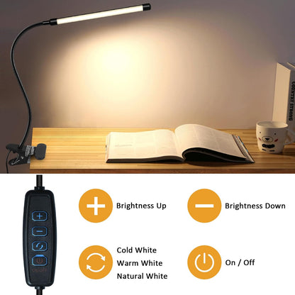 Clip on Desk Lamp with Clamp,Dimmable Eye Caring Book Reading Light for Bed | 54 LED 3 Color 10 Brightness, Push Button,USB Powered with Adapter, Flexible Gooseneck Clamp Lamp for Computer Workbench Nail