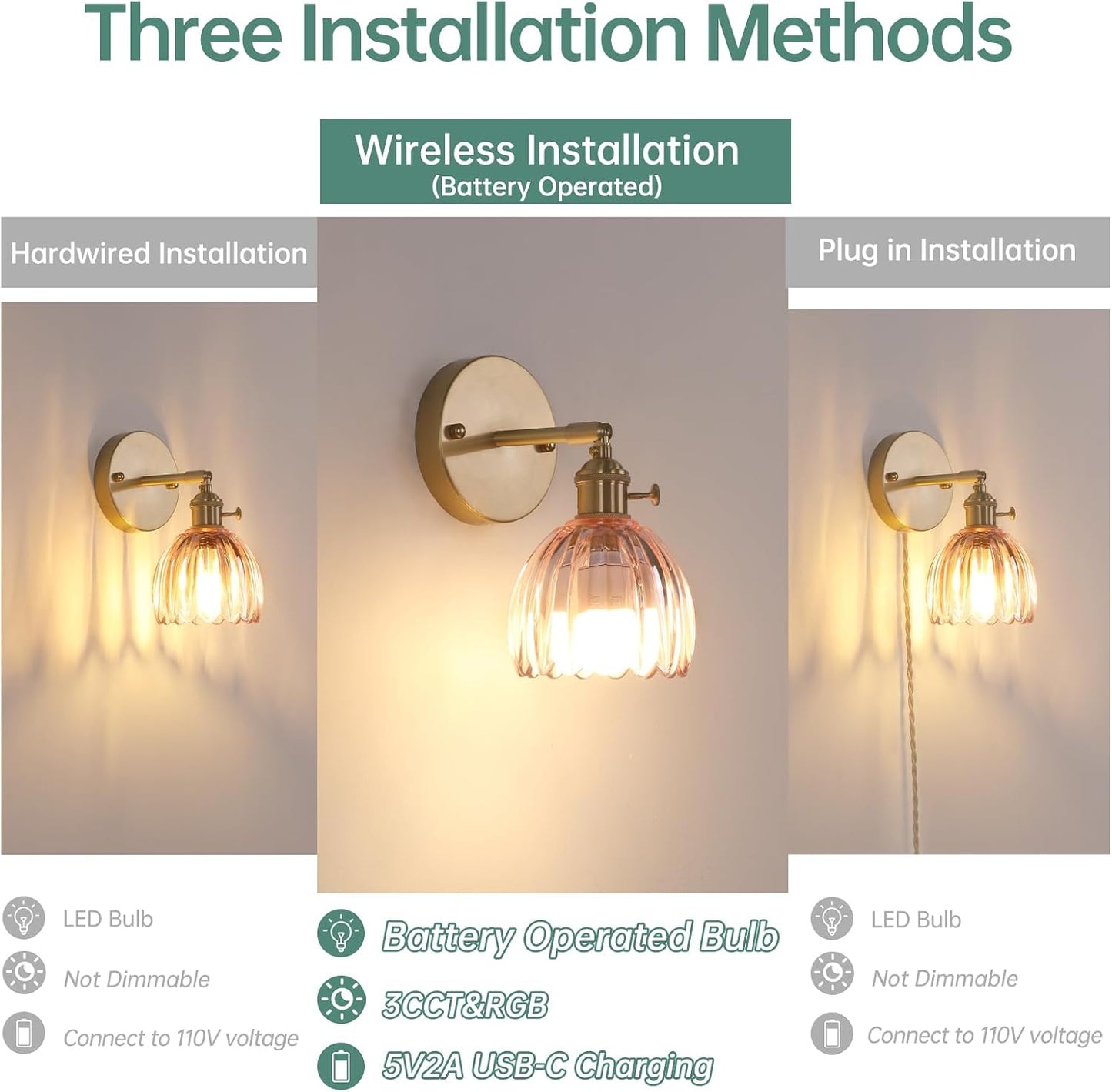 Shenmoyl Vintage Battery Operated Wall Sconce with Green Tulip Glass Lampshade Rechargeable Battery Powered Wall Light with Remote Control for Bedside Bedroom Doorway