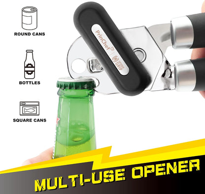 [Smoother Cut] PrinChef Manual Can Opener with Magnet, Improved Handle for More Comfortable Grip, Handheld Can Openers for Seniors, Heavy Duty Can Opener Smooth Edge, Bottle Opener Easy to Use, Black