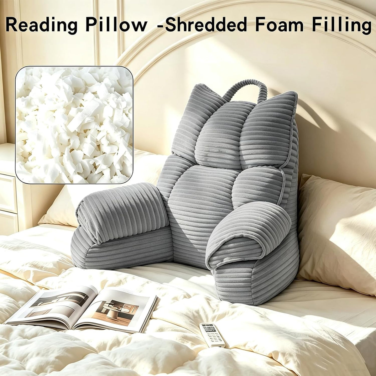Reading Pillow for Bed with Arms, Back Support, Memory Foam（Grey Black）