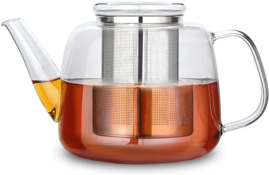 Borosilicate Glass Teapot 50oz with Large Stainless Steel Removable Loose Tea Infuser for Fruit Herbal and Infusion, Smoke Grey