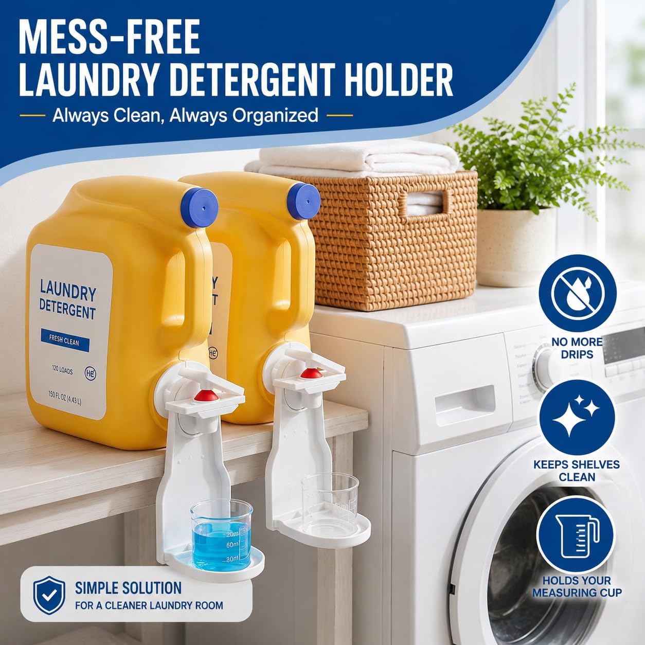 Laundry Detergent Dispenser Cup Holder, No Drip Laundry Detergent Holder with Easy Press Nozzle Switch, Laundry Cup Holder and Drip Tray for Liquid Detergent Dispenser, Laundry Room Organization