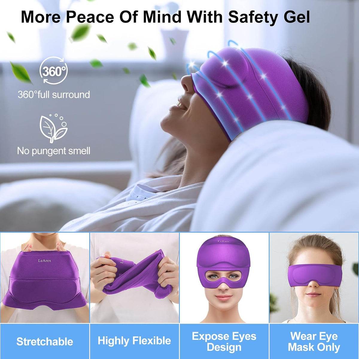 2 in 1 Migraine Relief Cap with Gel Eye Mask, Headache Relief Cap Ice Head Wrap Hot and Cold Therapy Hat Gift for Women for Headache Puffy Eyes Sinus and Tension Stress Relief (Light Purple)