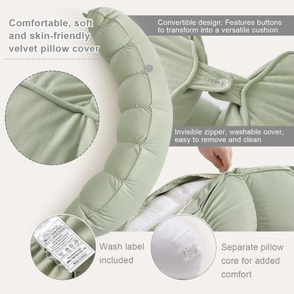 Peallow(Pat. Pend) – Long Round Body Pillow for Adults, Bolster Pillow for Sleeping, Soft and Supportive Pillow for Sleeping & Lumbar Support (Green-White, 29.5")