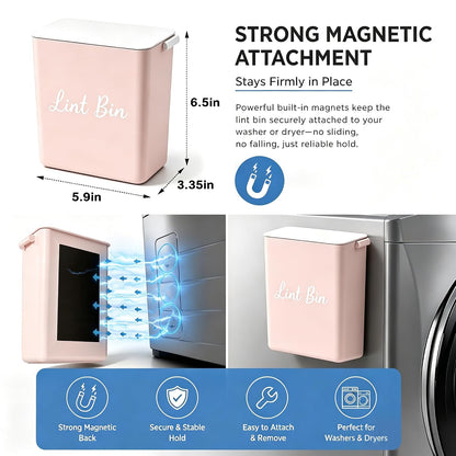 Magnetic Lint Bin with Lid for Laundry Room, Compact Plastic Dryer Lint Holder, Small Laundry Trash Container for Dryer Lint & Used Dryer Sheets, Space Saving Storage Decor Organizer (Black)