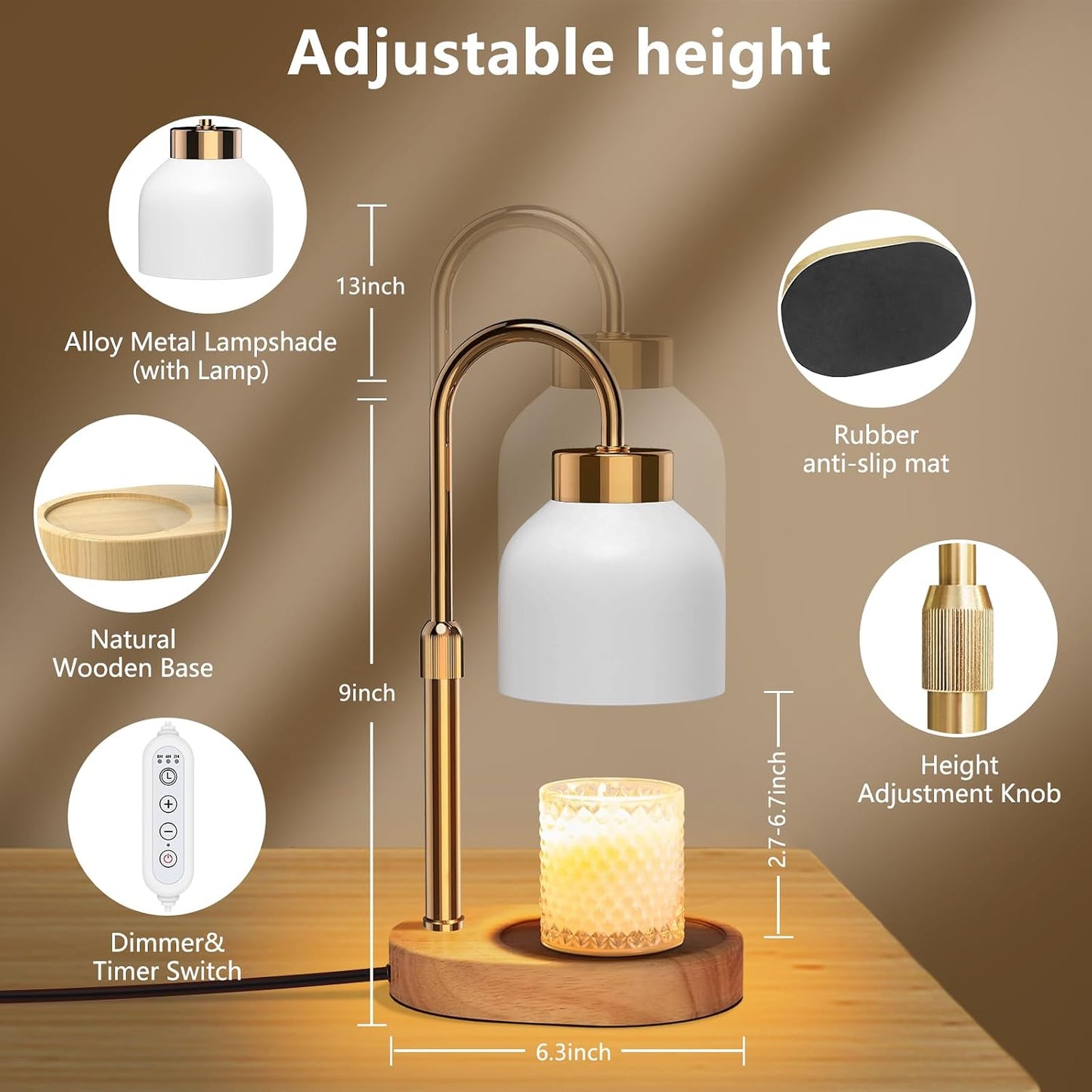 Candle Warmer Lamp with Timer Dimmer, Height & Brightness Adjustable | Black Electric Wax Warmer for Women Mom, Christmas & Birthday Gift, House Warming Gift New Home Decor