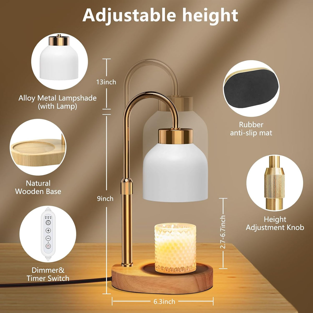Candle Warmer Lamp with Timer Dimmer, Height & Brightness Adjustable