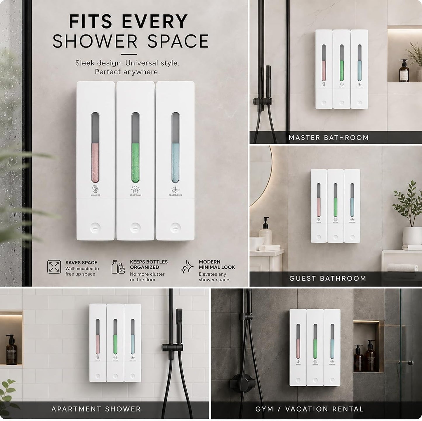 Shampoo and Conditioner Dispenser - Wall-Mounted 3-Chamber Shower Soap Dispenser, No-Drill, 1200ML Capacity, for Bathroom & Hotel