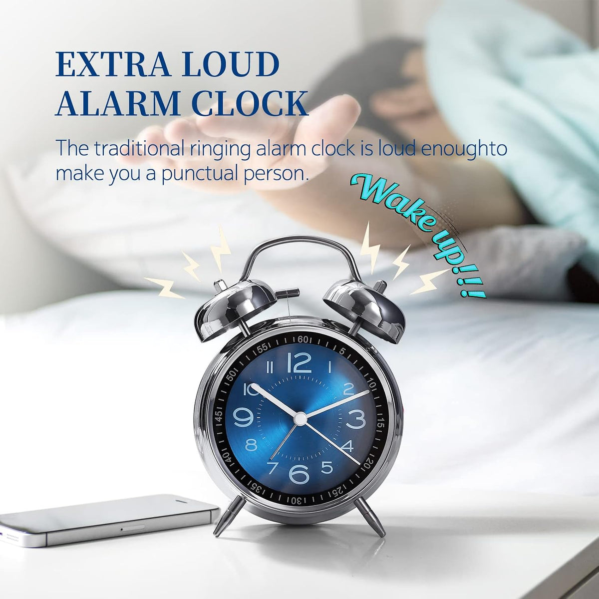 Super Loud Alarm Clock For heavy sleepers,4 inches Twin Bell Alarm Clock with Backlight,Battery Operated,Silent Non Ticking,For Kids,Adults,Bedrooms,Retro decor Desk Analog Clocks.. (Noctilucent)