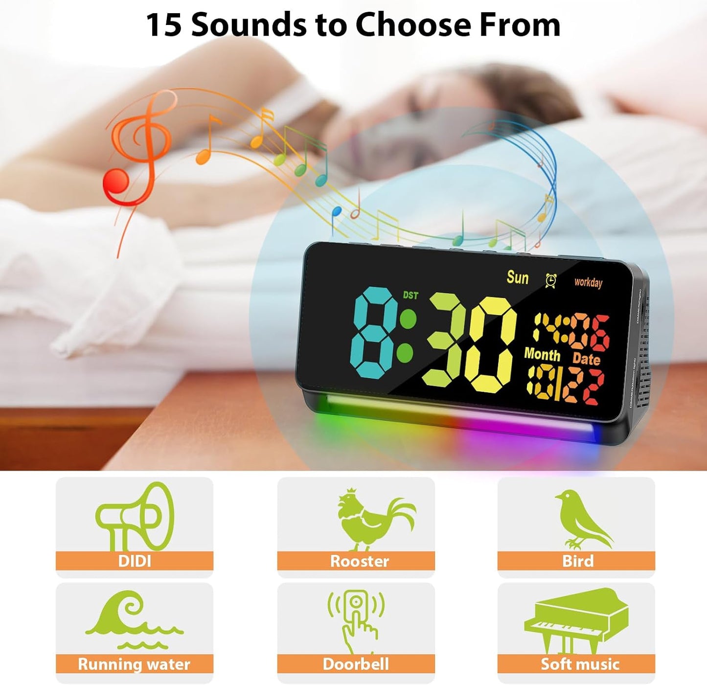 Samshow 120db Super Loud Alarm Clock for Heavy Sleepers Adults | 15 Wake Up Sounds, 7 Color Night Light, Dynamic RGB Color, Adjustable Brightness, Snooze, DST, Large LED Display
