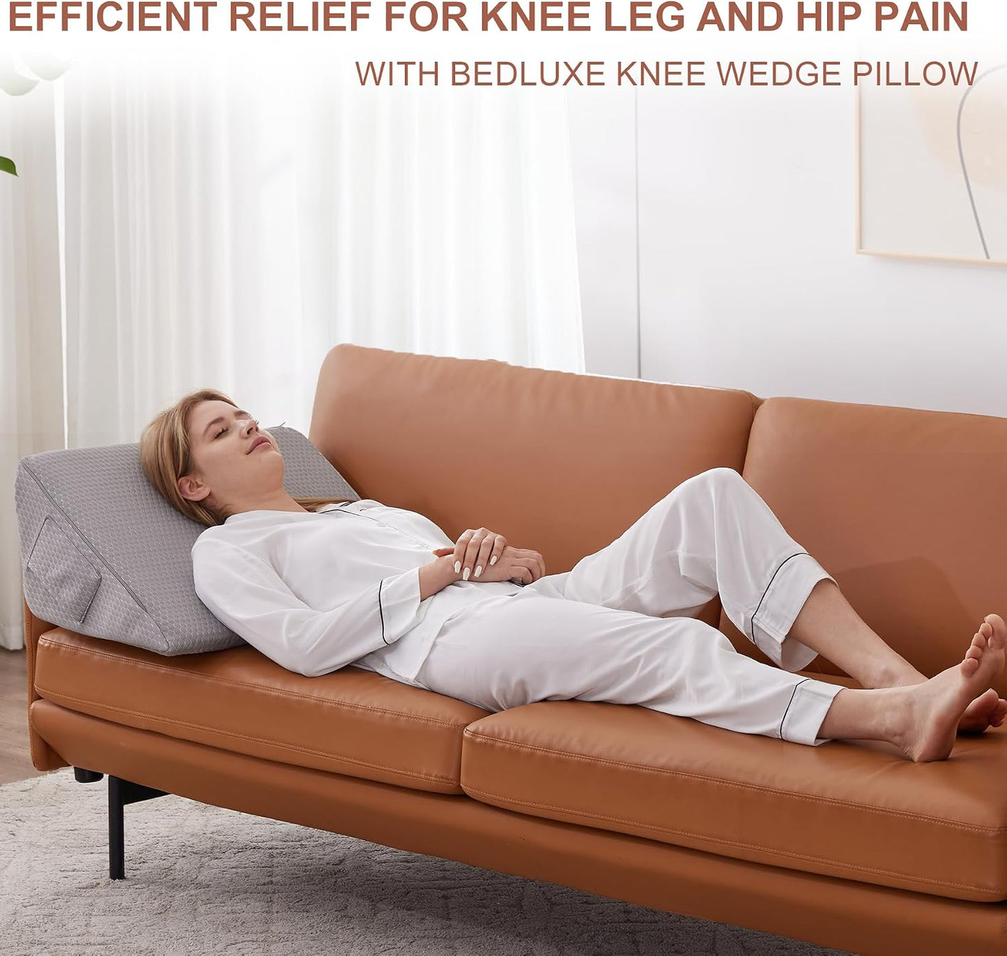 Bedluxe Knee Pillow for Back Sleeping, Leg Pillow Knee Wedge Pillow, Memory Foam Wedge Pillows for Legs Post Surgery, Triangle Pillow for Knee Support, Leg Elevation, Knees Hip Back Pain Relief, White