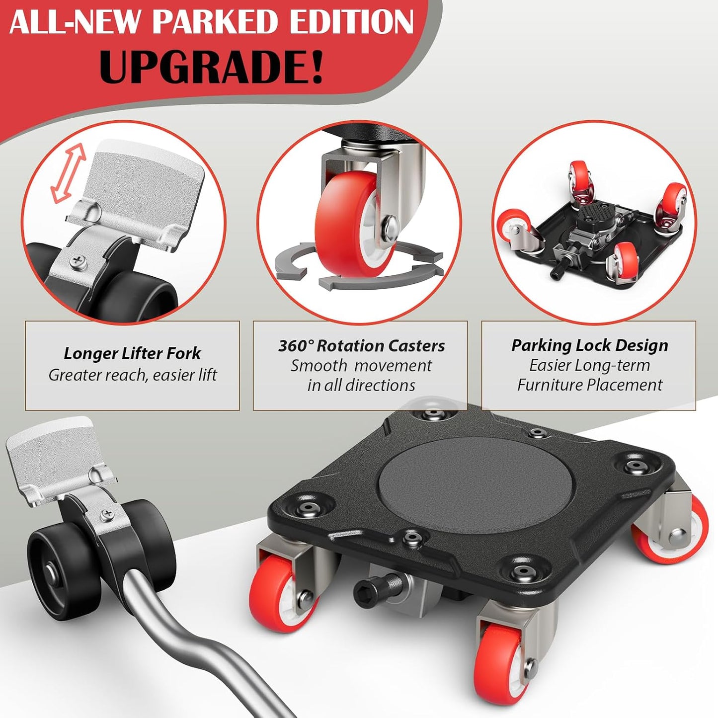 ONEON Heavy Duty Furniture Movers with Wheels Dolly with Auxiliary Lifter, All-New Upgraded Carbon Steel Panels & Dual-Wheeled Casters, Supports up to 1650 lbs (L)