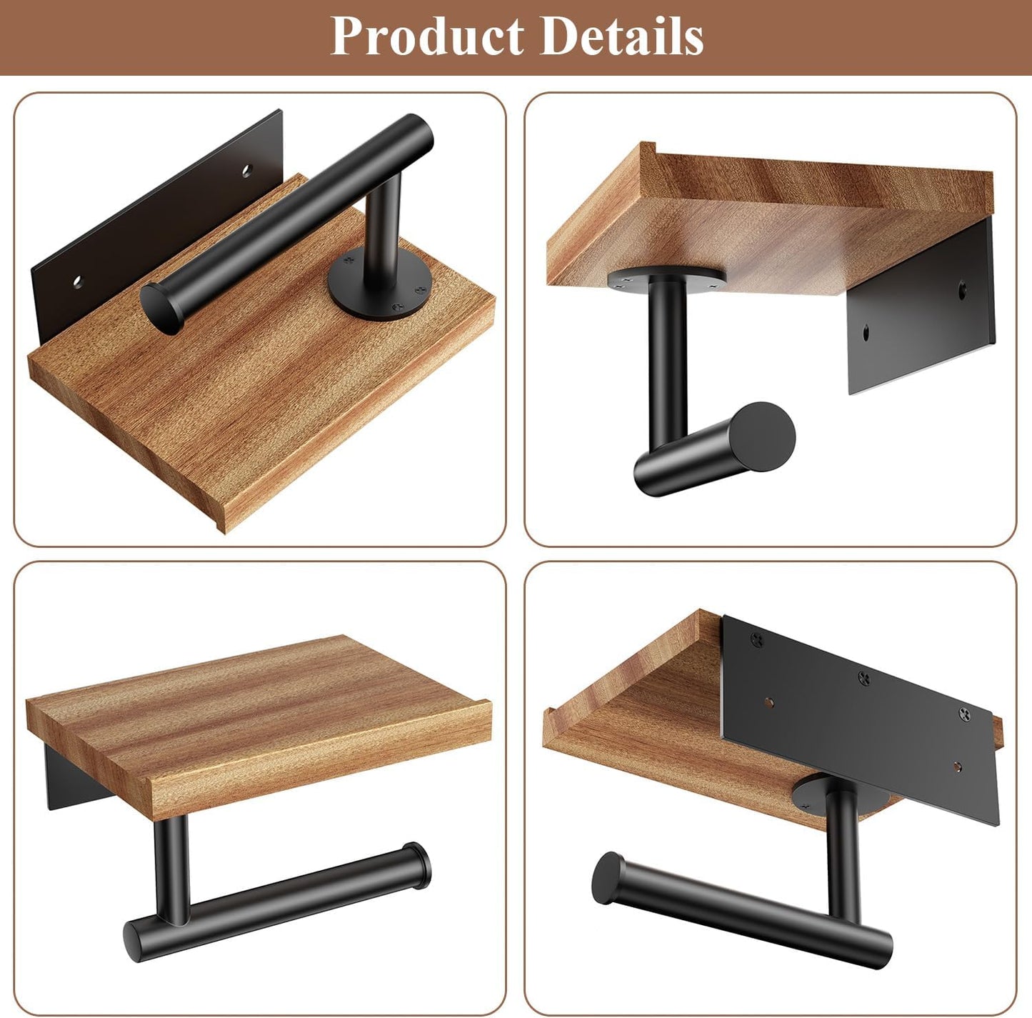 Tindbea Toilet Paper Holder with Wood Shelf, Wooden Wall Mount Tissue Paper Roll Holder, Matte Black Stainless Steel Bathroom Accessories Decor Household Home Apartment Restroom Essentials (Walnut)