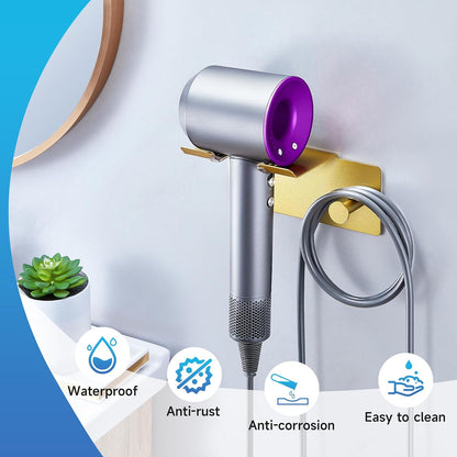 Hair Dryer Holder Wall Mounted, Blow Dryer Holder Adhesive, Metal Hairdryer Holder for Bathroom, Hair Tool Organizer with Plug&Cord for Cabinet Bathroom Bedroom Barber Shops (Rose Gold)