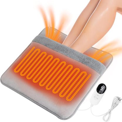 Double Sided Electric Foot Warmer with LCD Display, Foot Heating Pad, Grey | 9 Heat Settings & 3 Timer, Auto Shut Off, Non-Slip & Machine Washable Plush, Under Desk Foot Warmer for Office/Home/Bed-Grey