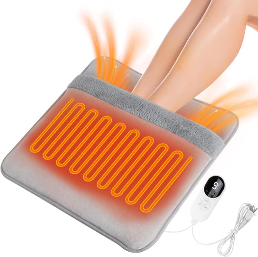 Double Sided Electric Foot Warmer with LCD Display, Foot Heating Pad, Grey | 9 Heat Settings & 3 Timer, Auto Shut Off, Non-Slip & Machine Washable Plush, Under Desk Foot Warmer for Office/Home/Bed-Grey