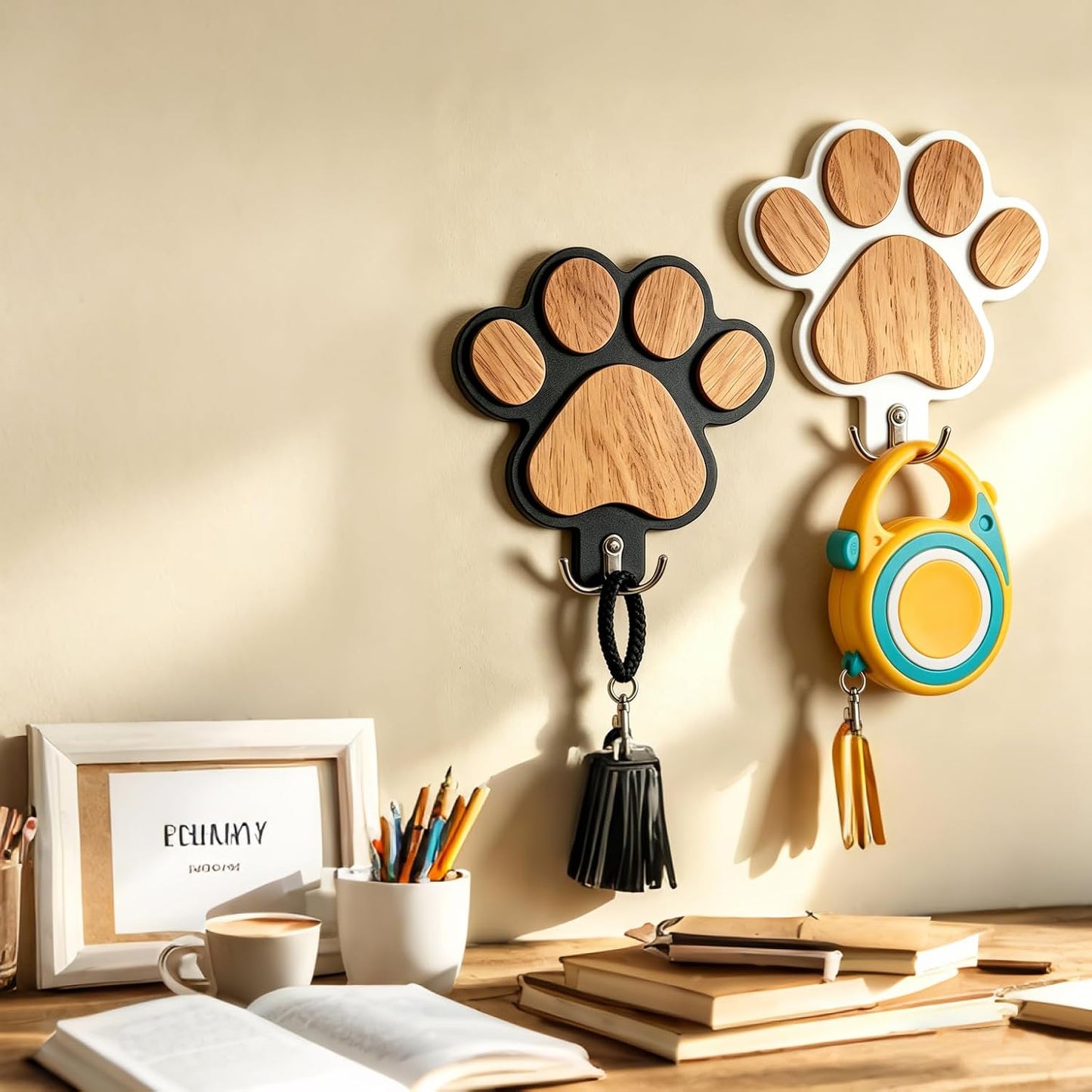2PC 3D Wooden Dog Paw Leash Holder for Wall, Set of 2 Rustic Dog Harness & Key Organizer, Decorative Pet Paw Hooks for Leashes, Collars & Coats, Ideal Pet Lover Gift for Entryway & Mudroom