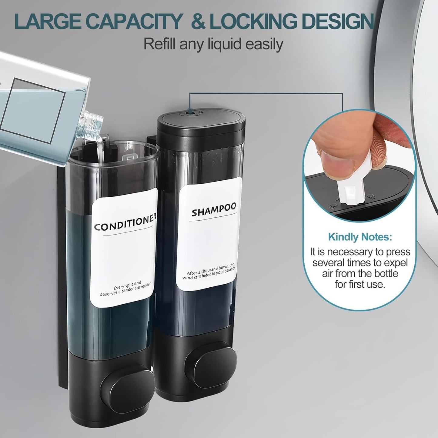 Shampoo Conditioner Shower Soap Dispenser 3 Chamber Wall Mount Black | Refillable. Leakproof 900ml. No-Drill Wall Mount. Soap, Shampoo, Conditioner, Body Wash, Shower Gel, Bathroom Set. BPA-Free.