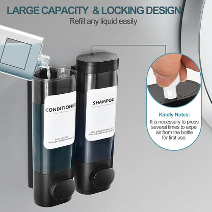 Shampoo Conditioner Shower Soap Dispenser 3 Chamber Wall Mount Black | Refillable. Leakproof 900ml. No-Drill Wall Mount. Soap, Shampoo, Conditioner, Body Wash, Shower Gel, Bathroom Set. BPA-Free.