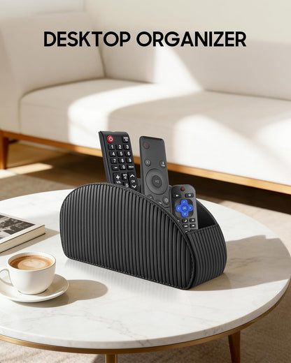 SITHON Remote Control Holder with 5 Compartments | PU Leather Remote Caddy Desktop Organizer Store TV, DVD, Blu-Ray, Media Player, Heater Controllers, Stripe Black