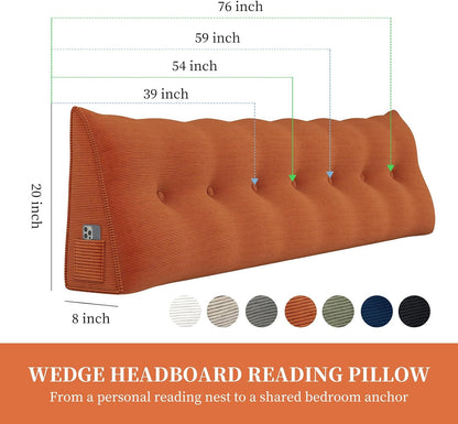 Headboard Wedge Pillows for Sitting Up in Bed Rest Adult，Triangular Upholstered Stuffed Reading Pillow for Sofa Couch Back Cushions Lumbar Body Support Dorm Bedroom（King，Corduroy Gray）