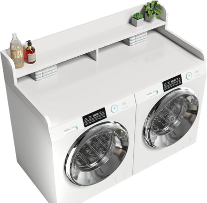2-Tier Washer Dryer Countertop with 2.75" H Edge Rails, 54" W x 27.55" D Laundry Countertop for Folding Clothes, Washer and Dryer Topper with Non-Slip Pad (Dark Walnut)