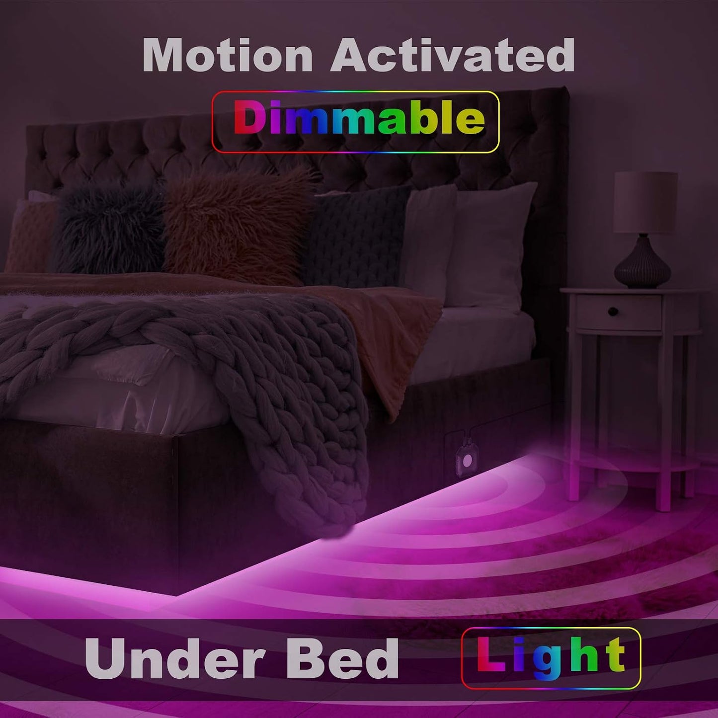 Under Bed Lights 2 Set*9.84ft Motion Activated RGB LED Strip Light, App Control/Variety Color/Dimmable/Dynamic Music Sync/5V USB, Motion Sensor LED Strip Light for Bed Cabinet Staircase Bedroom