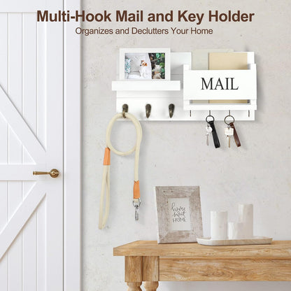 Lwenki Mail Organizer for Wall Mount – Key Holder with Shelf Includes Letter Holder and Hooks for Hallway Farmhouse Decor – Rustic Wood with Flush Mounting Hardware (16.5” x 9.1” x 3.4”) (White)