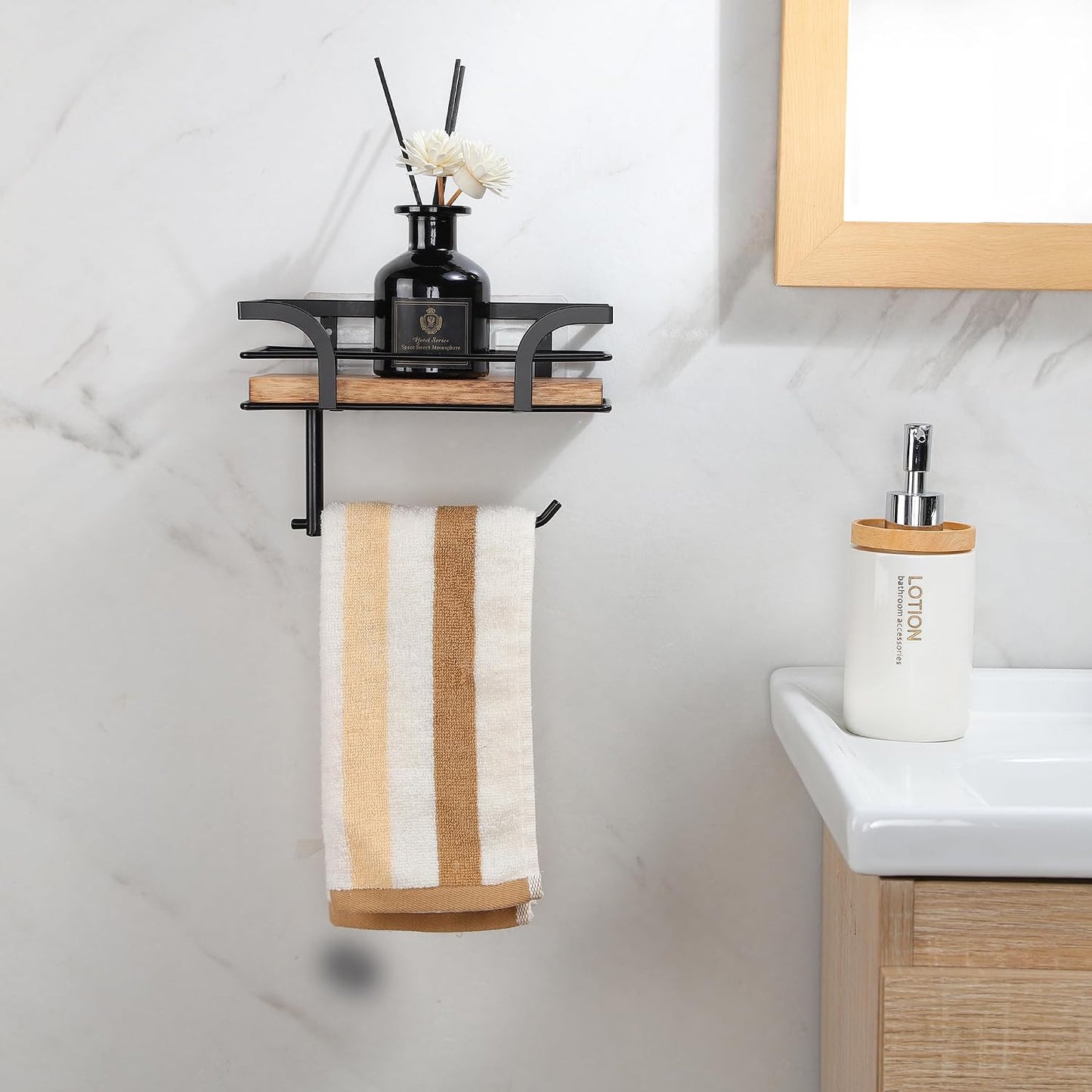 Rustic Farmhouse Toilet Paper Holder with Shelf - Farmhouse Bathroom Rustic Country Decor - Rustic Bathroom Accessories with Warm Brown Wood Shelf for Wipes&Cell Phone&Reading, Black Metal