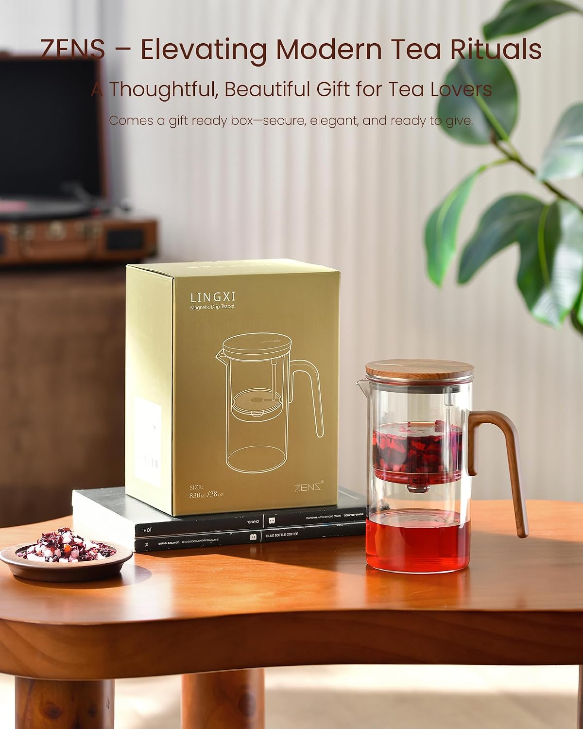 ZENS Magnetic Glass Infuser Teapot for Loose Tea, 27oz Walnut Wood Handle | Magic Teapot with Infuser, Echanted Tea Maker, Mess-Free Loose Leaf Tea Diffusers for Tea lover Gifts