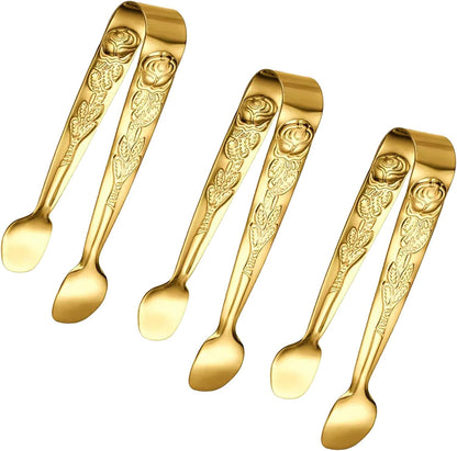 3PCS Mini Serving Tongs, 4Inch Rose Stainless Steel Sugar Cube Tongs, Sliver Small Ice Tong for Tea and Coffee Party, Appetizers, Desserts by Sunenlyst (Silver)