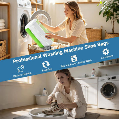 2PCS XXL Shoe Washing Machine Bag with Adjustable Shoes Trees - Heavy Duty Reusable Shoe Laundry Bag for Washer and Dryer - 360° Deep Clean & Protect Chenille Microfiber Sneakers Wash Bags - White