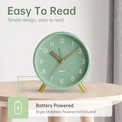 JALL Analog Alarm Clock, 4 inch Super Silent Non Ticking Small Clock with Night Light, Battery Operated, Simple Design, Old Fashioned Style Ideal Decor, for Bedroom, Bedside, Desk, Adult, Gift, Green