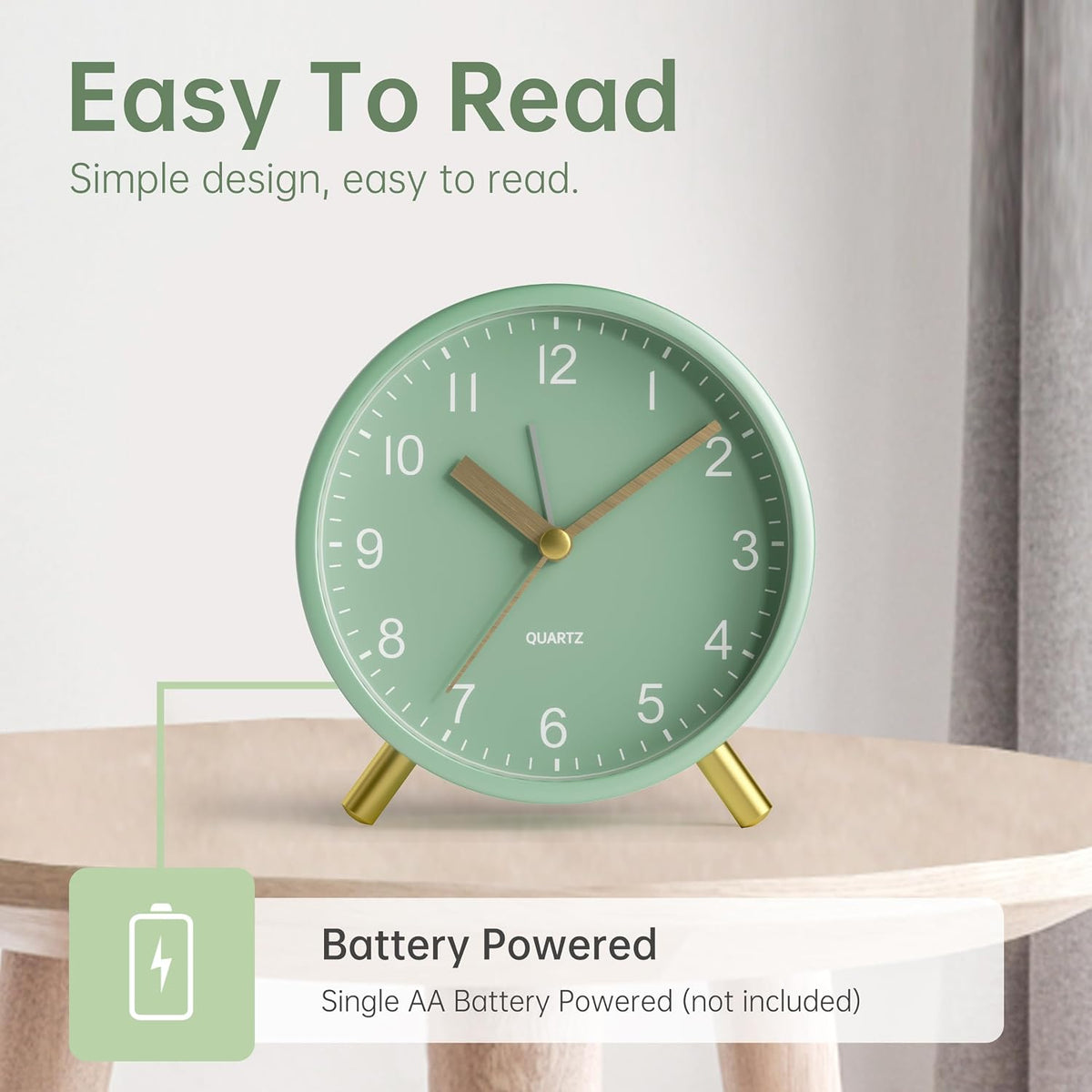JALL Analog Alarm Clock, 4 inch Super Silent Non Ticking Small Clock with Night Light, Battery Operated, Simple Design, Easy Setting for Office, Bedroom, Bedside, Desk, Teens, Elders, Adult, Green