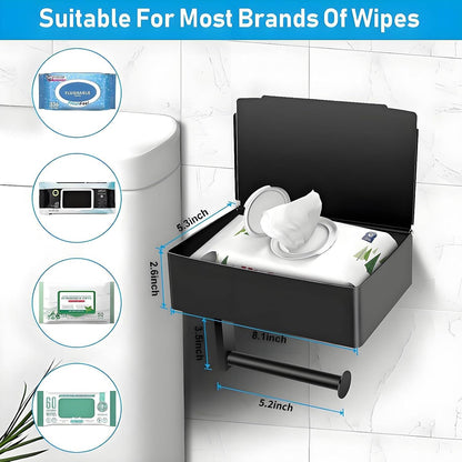 Toilet Paper Holder with Storage, Shelf of Bathroom Toilet Tissue Holder, Toilet Paper Roll Holder, Black Stainless Steel Wall Mount, No Installation & Flushable Wet Wipes Storage