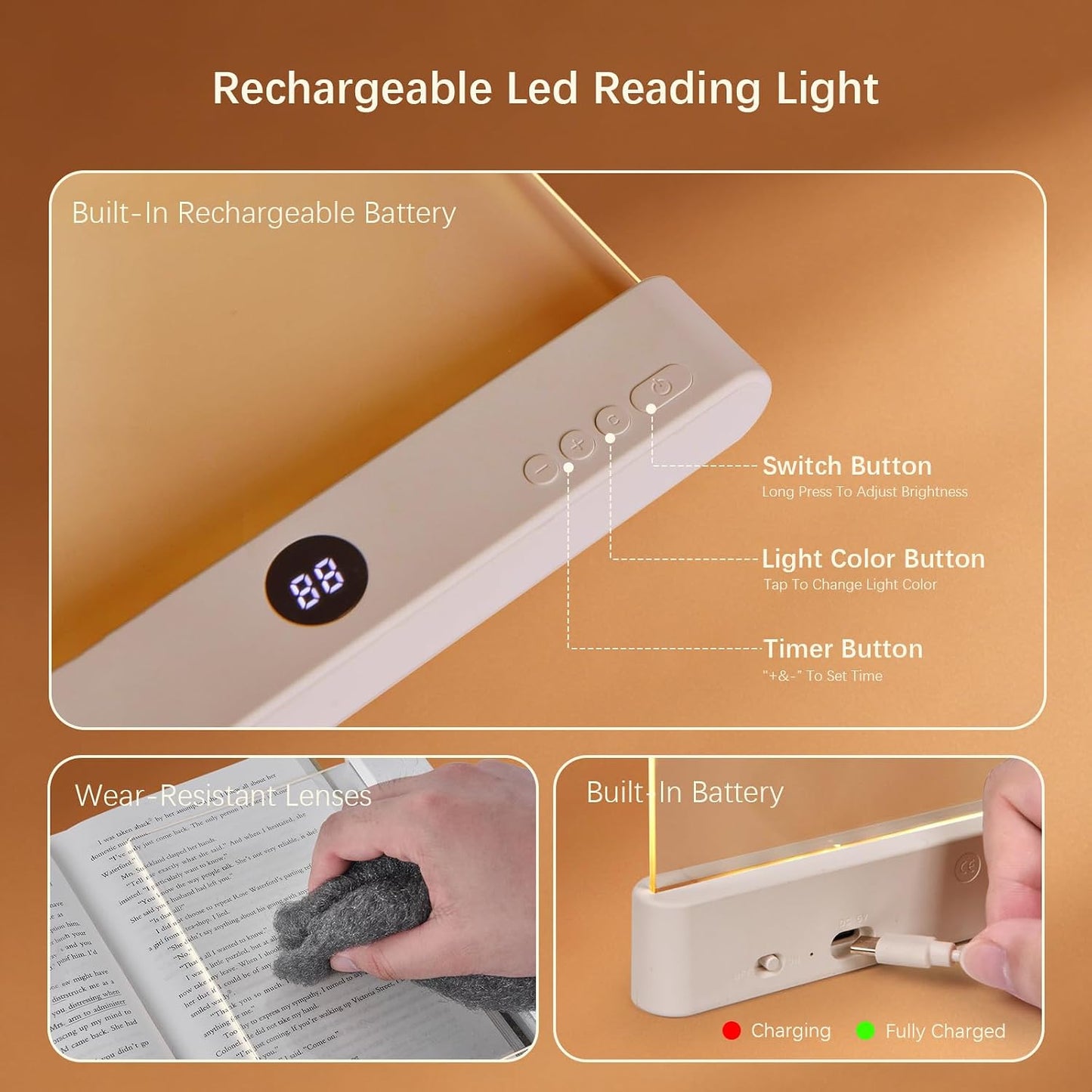 Choudao LED Book Light & Night Light 2 in 1, Flat Reading Light, Black | 3 Color Temperatures & Stepless Dimming, USB Rechargeable Full Page Light with Timer for Night Reading in Bed