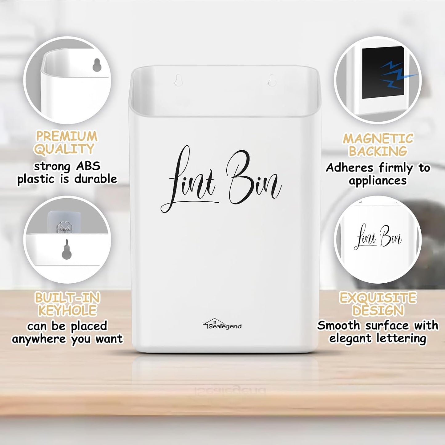 Sealegend Magnetic Lint Bin for Laundry Room Organization and Storage, Lint Trash Can for Laundry Room Decor, Wall Mounted Space-Saving, White
