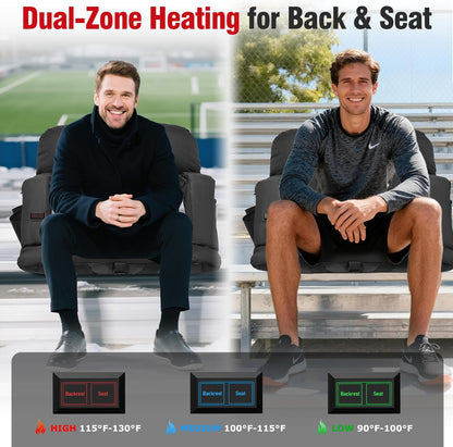Suteck Heated Stadium Seats with Back Support 1 Pack, 23" Wide Sofa Style | Dual-Zone USB Heat, 6 Recliner, 3.83" Soft Cushion, 600D Waterproof, Hook Straps, Storage Pockets & Cup Holder, Half Fold