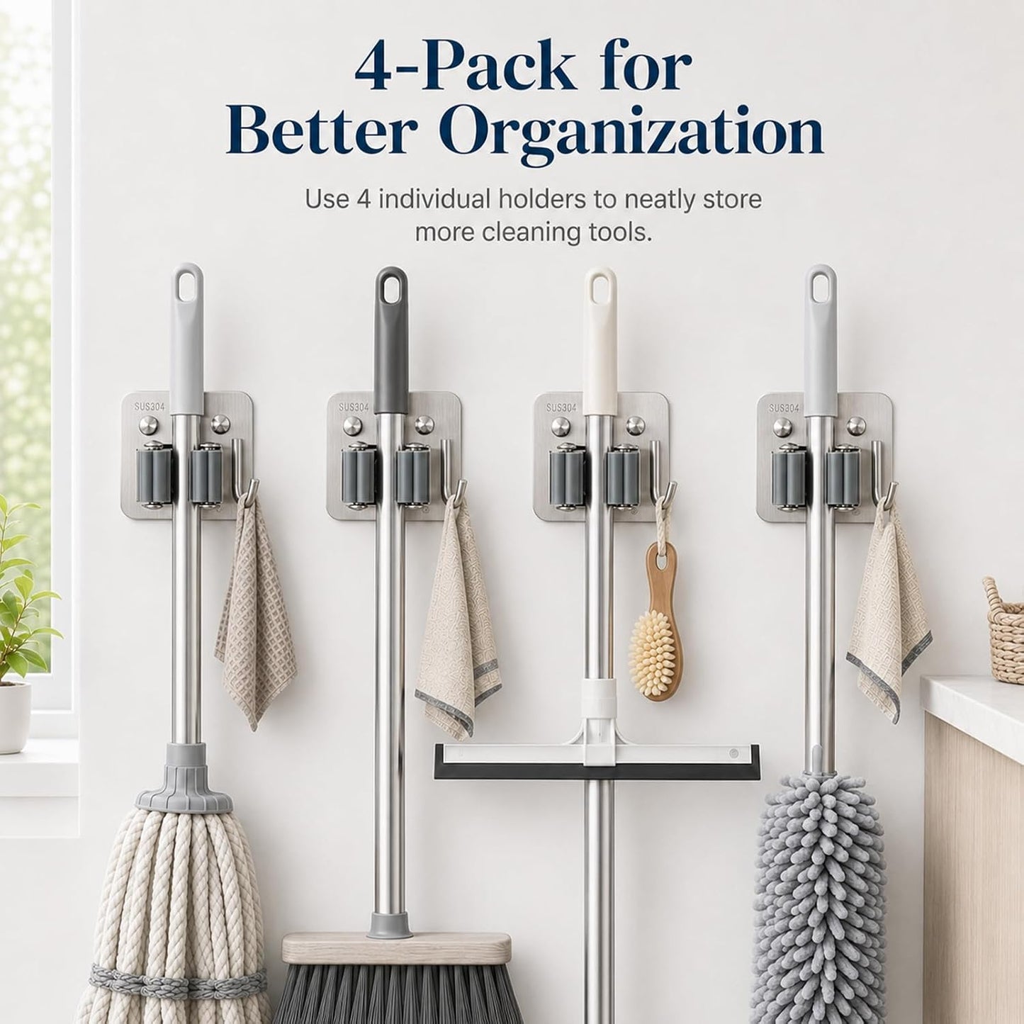 Broom Holder Wall Mount 4 Pack, Heavy Duty Mop and Broom Hanger with Hooks | Innovihue 304 Stainless Steel Broom Hanger, Self Adhesive or Screw Mount Organizer for Kitchen Laundry Garage