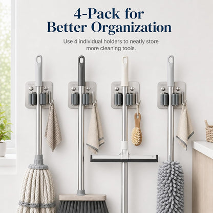 Broom Holder Wall Mount 4 Pack, Heavy Duty Mop and Broom Hanger with Hooks | Innovihue 304 Stainless Steel Broom Hanger, Self Adhesive or Screw Mount Organizer for Kitchen Laundry Garage
