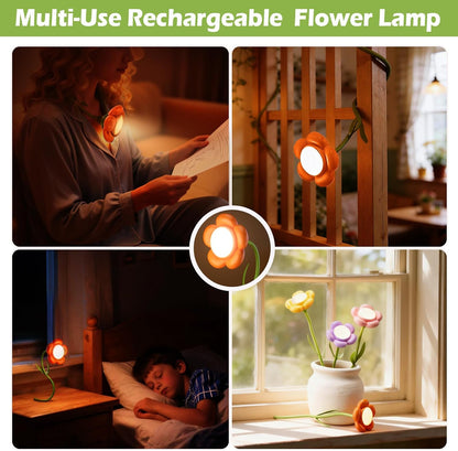 Rose Flower Lamp Rechargeable Reading Light for Bed,3-Color Modes Adjustable Brightness Small Night Light Neck Reading Light,Festival Gifts for Kids Mom Girlfriend Grandma(Orange-red)