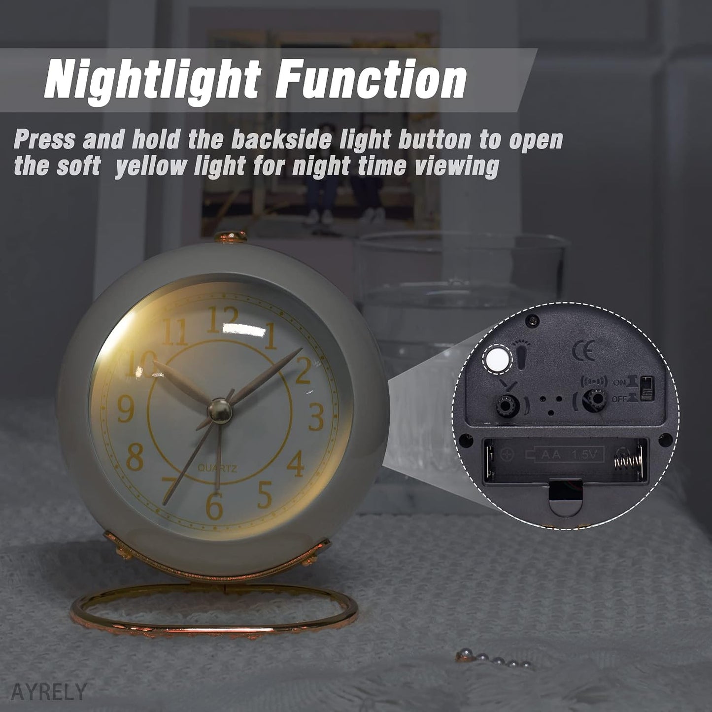 AYRELY® Battery Operated Analog Desk Alarm Clock with Light, Table Clock | Retro Aesthetic Clock with Silent Non-Ticking Movement for Bedside, Bedroom, Kitchen, Office, Travel & Kids' Room(Light Pink)
