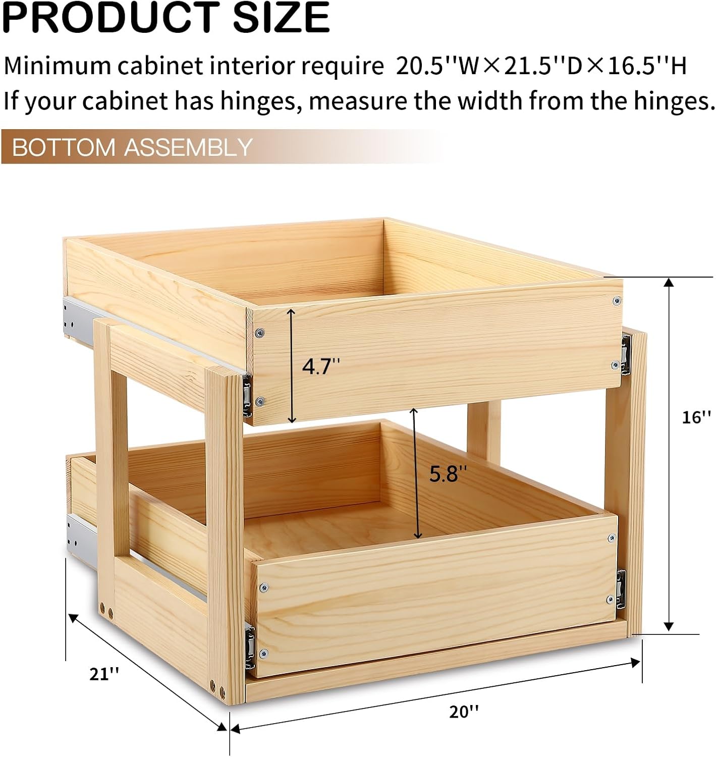 Pull Out Cabinet Organizer 17''W×21''D×16''H Slide Out Drawer | Soft Close Wood Kitchen Pullout Drawers for Cabinets Shelves for Kitchen, 2-Tier, Finished, Heavy-Duty, Bottom Assembly