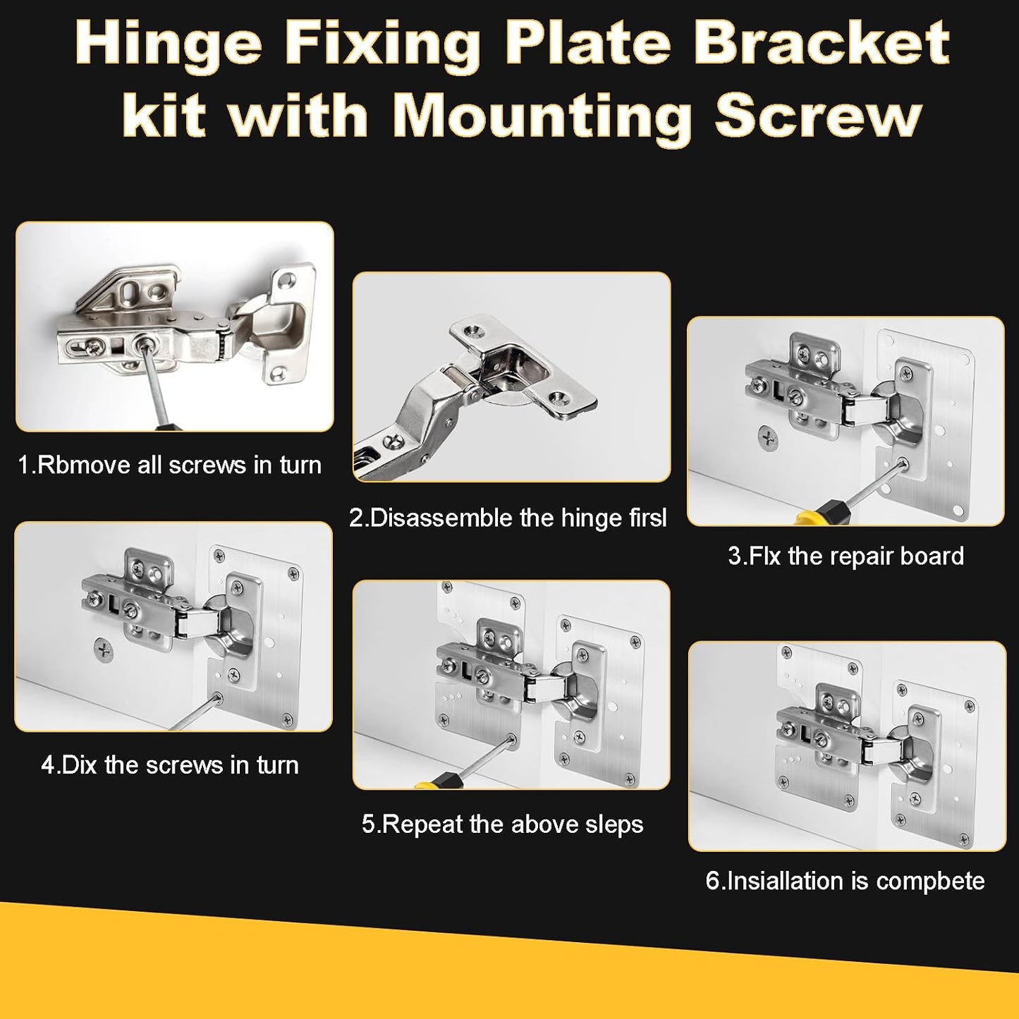 Cabinet Hinge Repair Plate, Hinges Repair Fixing Plate Cabinet Repair Board | 6 Pcs Stainless Steel Hinge Repair Brackets Kit,Kitchen Cupboard Door Hinge Repair Plate Kit with Screws Small Universal