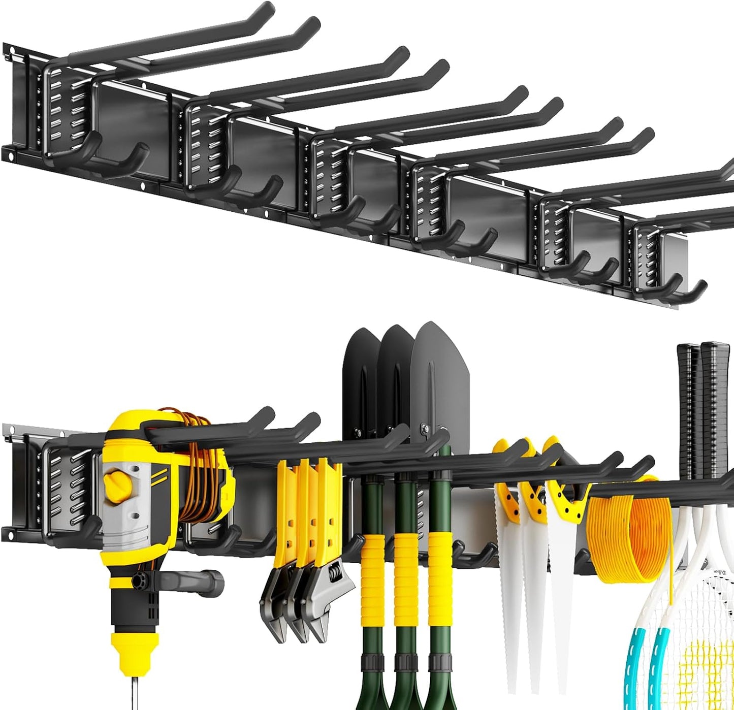 Garage Tool Organizer Wall Mount, 48 Inch Heavy Duty Garden Tool Organizer Storage System, Easy Install with 6 Adjustable Straight Hooks, for Garage, Basement, Shed, Workshop, Black, Steel